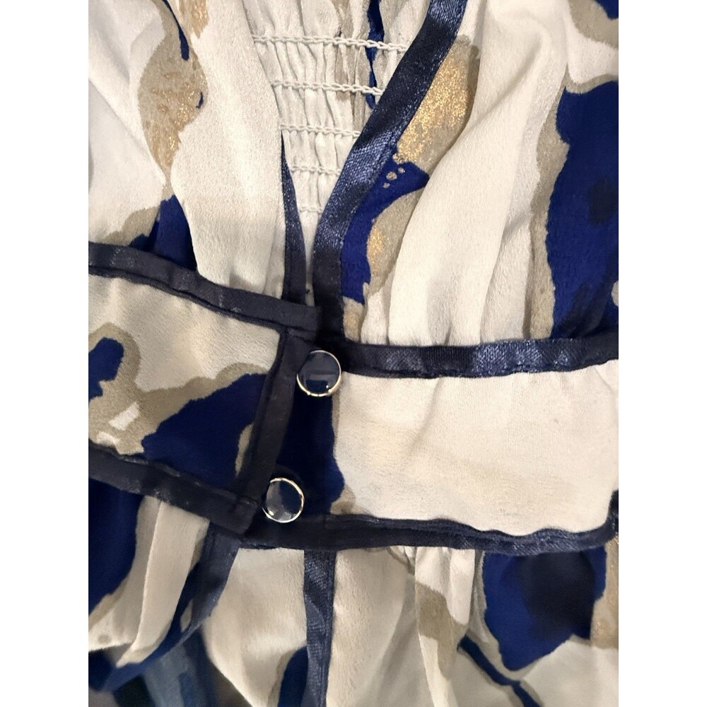 Woven Heart M White Blue Gold Abstract V-Neck 3/4 Bell Sleeve Knee Dress - Picture 3 of 5
